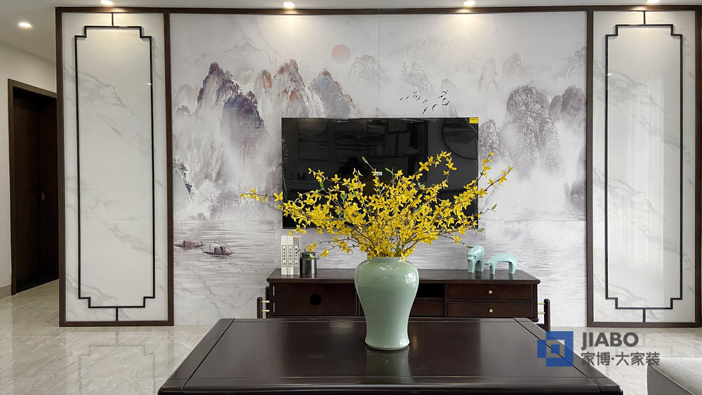 西郡湘山里四室兩廳新中式風(fēng)格裝修實(shí)景圖 電視背景墻.jpg